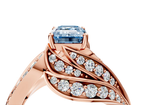 Rose gold Fancy Blue Emerald Cut Diamond Solitaire Ring with Prong Setting and Twisted Pavé Band_4
