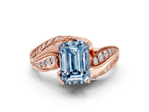 Rose gold Fancy Blue Emerald Cut Diamond Solitaire Ring with Prong Setting and Twisted Pavé Band