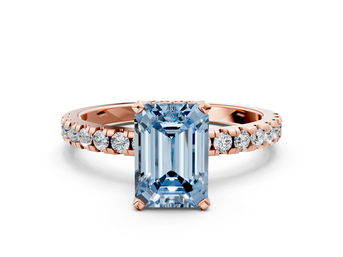 Rose gold Fancy Blue Emerald Cut Diamond Solitaire Ring with Round  Pavé Band and Four-Prong Setting_36