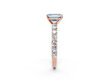 Rose gold Fancy Blue Emerald Cut Diamond Solitaire Ring with Shared Prong Pavé Band and Four-Prong Setting_59