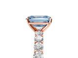 Rose gold Fancy Blue Emerald Cut Diamond Solitaire Ring with Shared Prong Pavé Band and Four-Prong Setting_62
