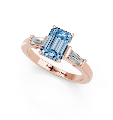 Rose gold Fancy Blue Emerald  Cut Diamond Solitaire Ring with Tapered Baguette Accents and Four-Prong Setting_3