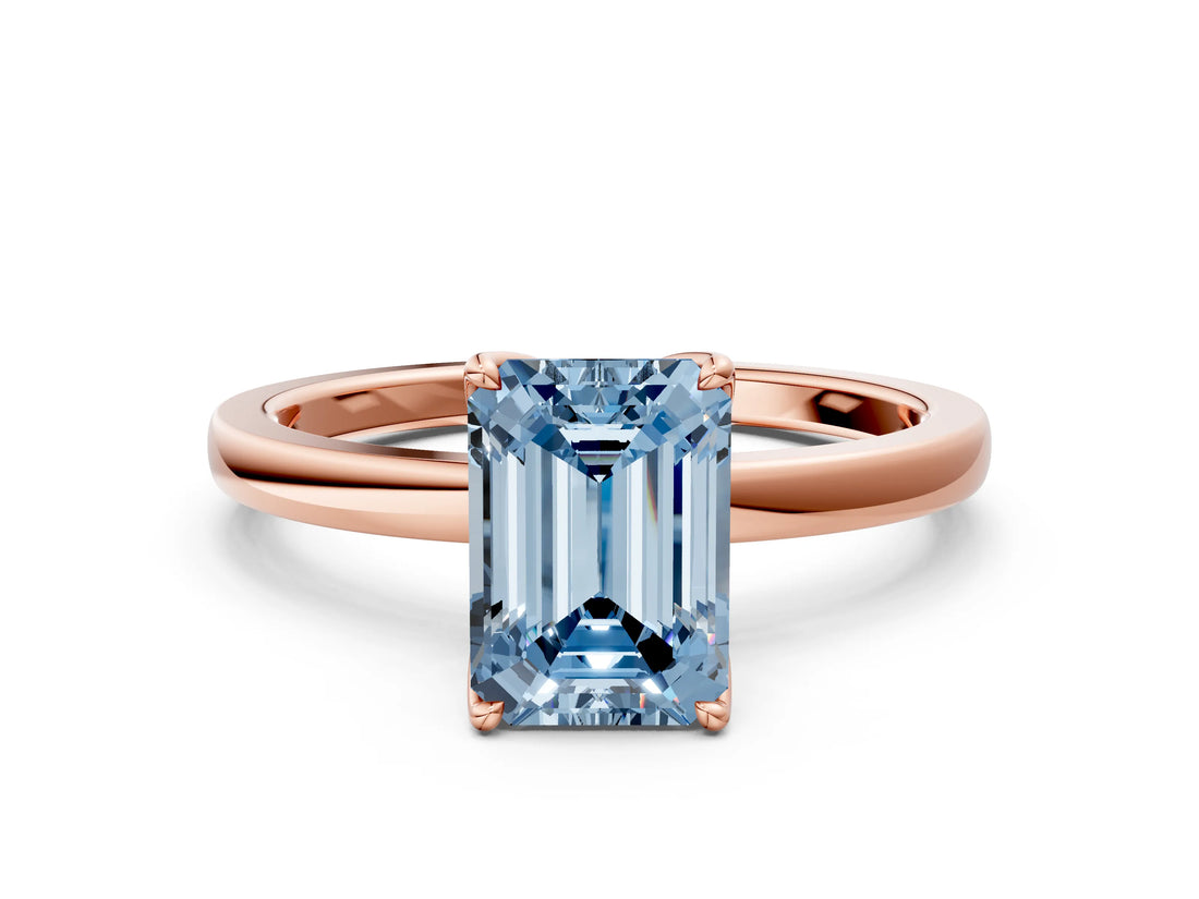 Rose gold Fancy Blue Emerald Cut Diamond Solitaire Ring with Thin Band and Prong Setting_12