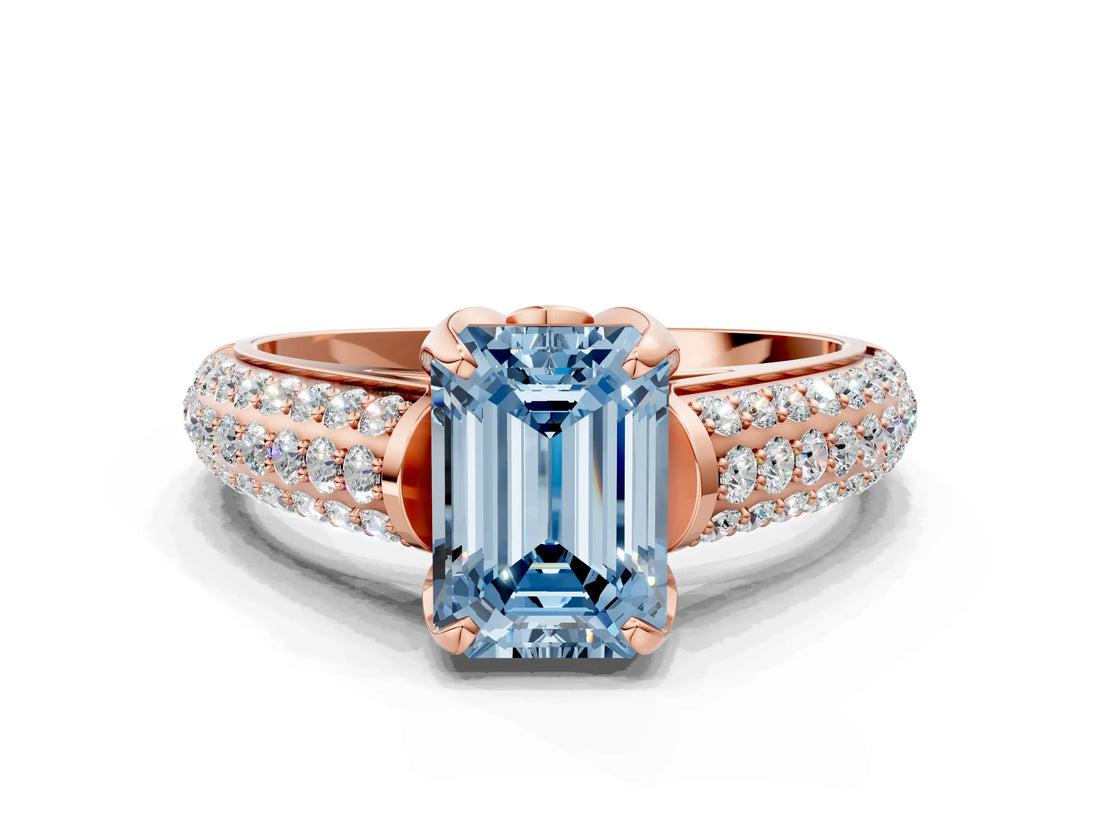 Rose gold Fancy Blue Emerald Cut Diamond Solitaire Ring with Three-Row Pavé Band and Four-Prong Setting_38