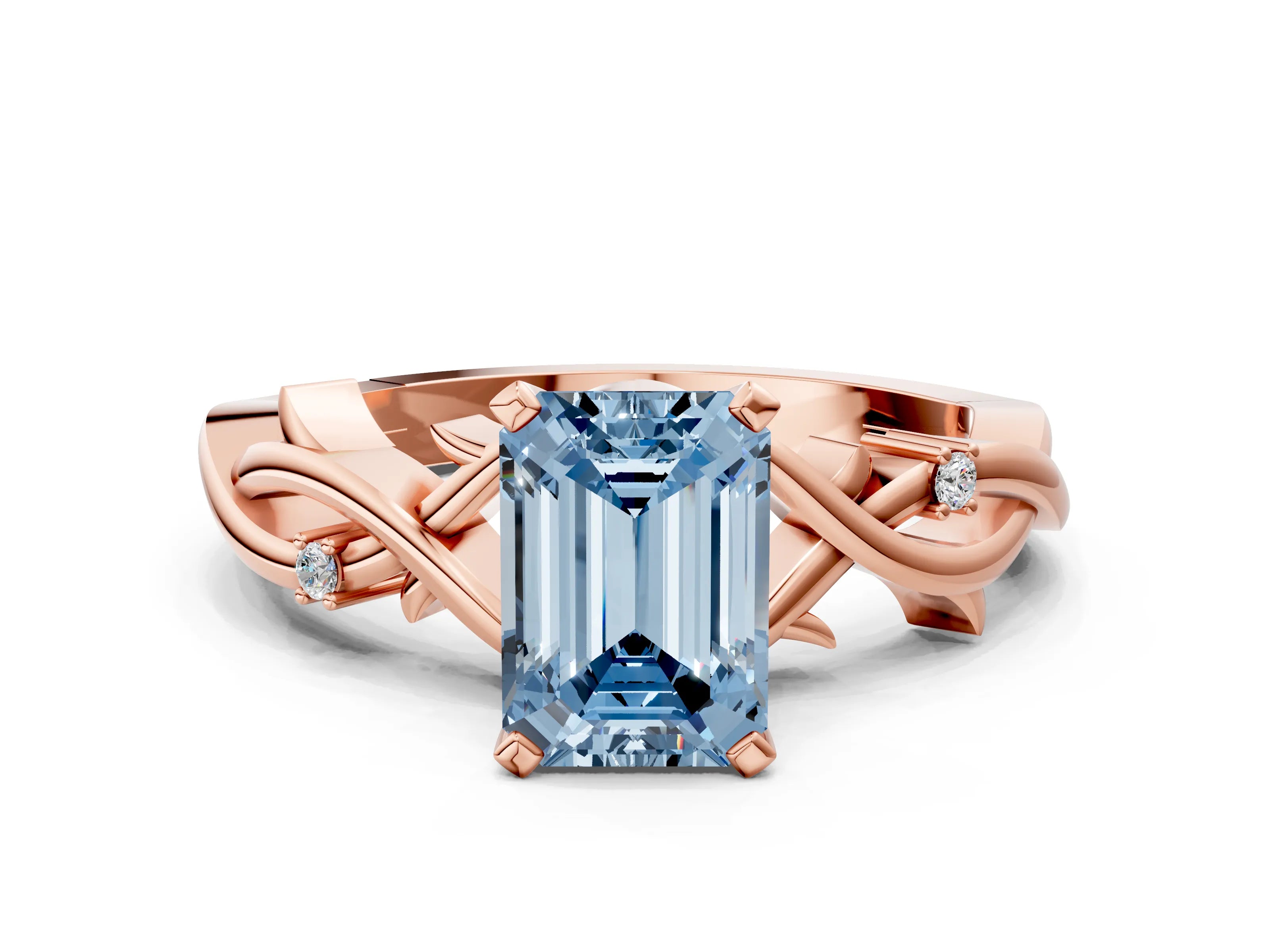 Rose gold Fancy Blue Emerald Cut Diamond Solitaire Ring with Twisted Band and Prong Setting_205
