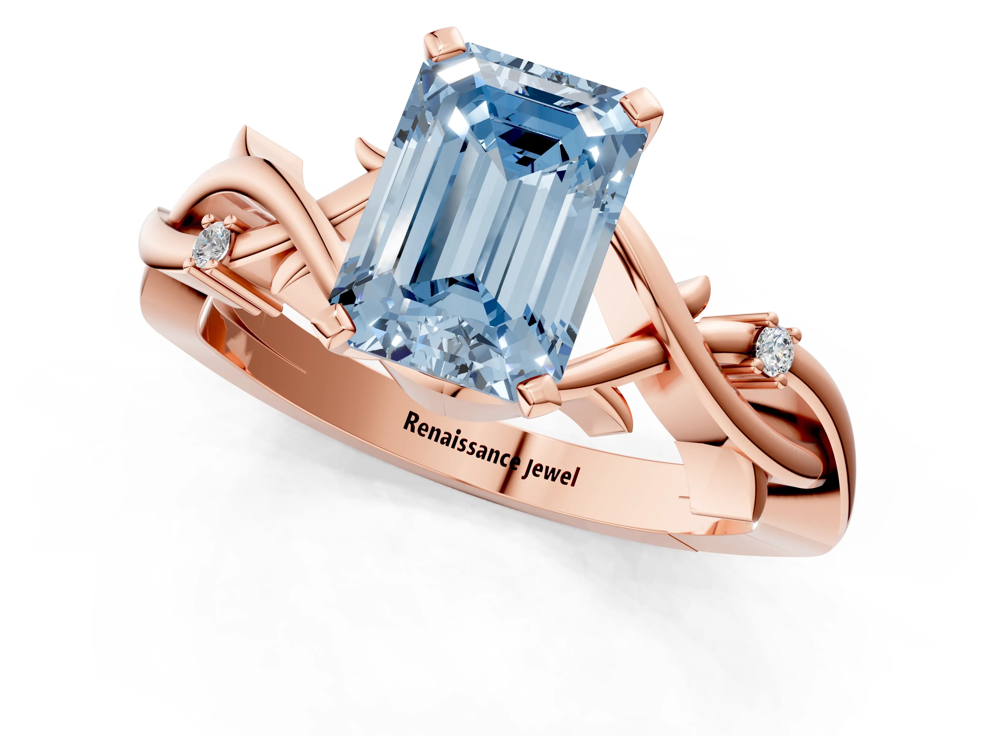 Rose gold Fancy Blue Emerald Cut Diamond Solitaire Ring with Twisted Band and Prong Setting_206
