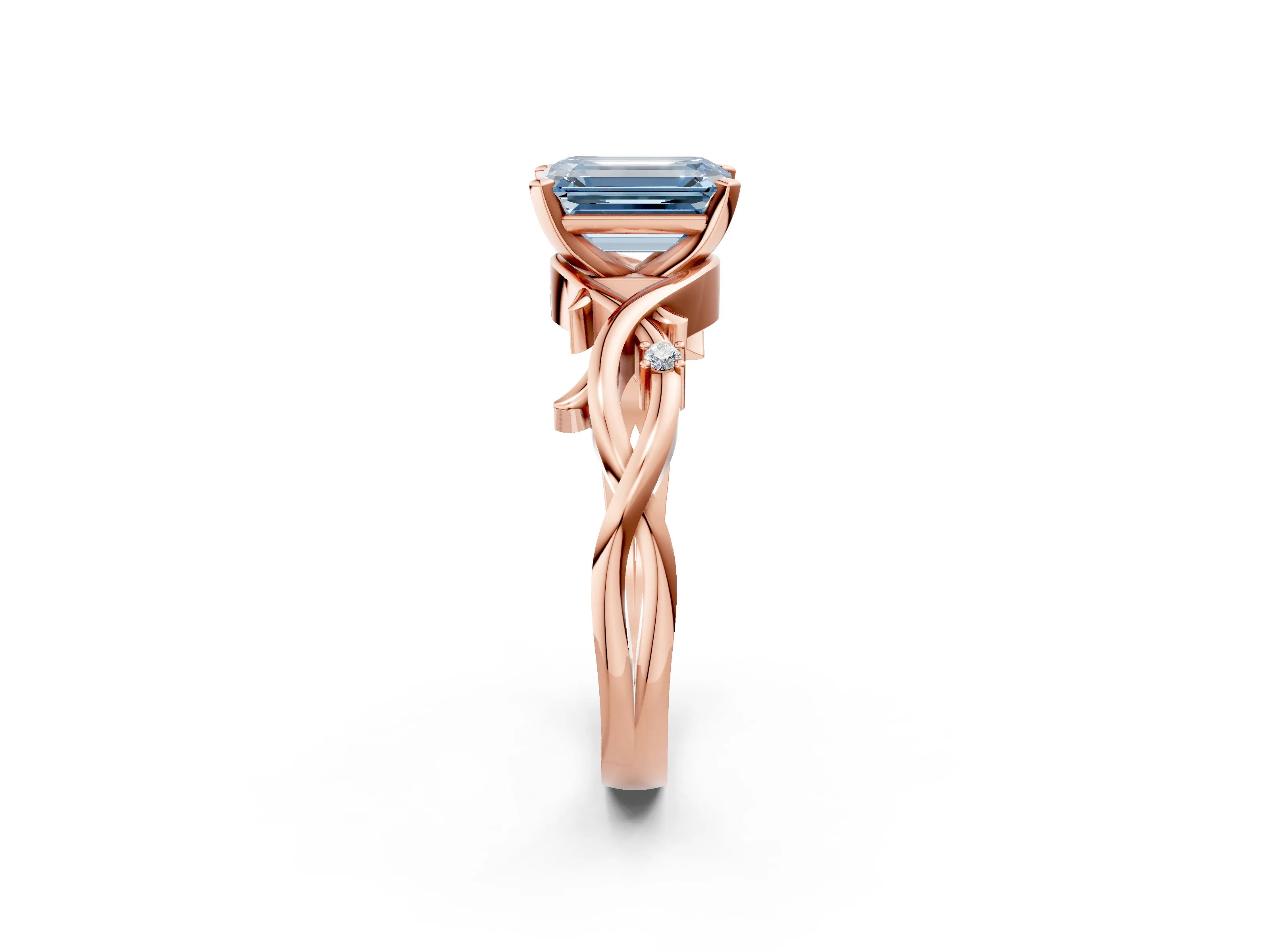 Rose gold Fancy Blue Emerald Cut Diamond Solitaire Ring with Twisted Band and Prong Setting_207