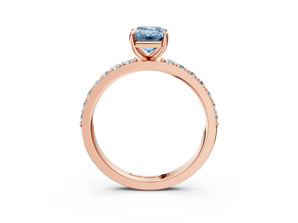Rose Gold Emerald Cut Solitaire Engagement Ring Setting for Fancy Blue Center with Round Pave Band