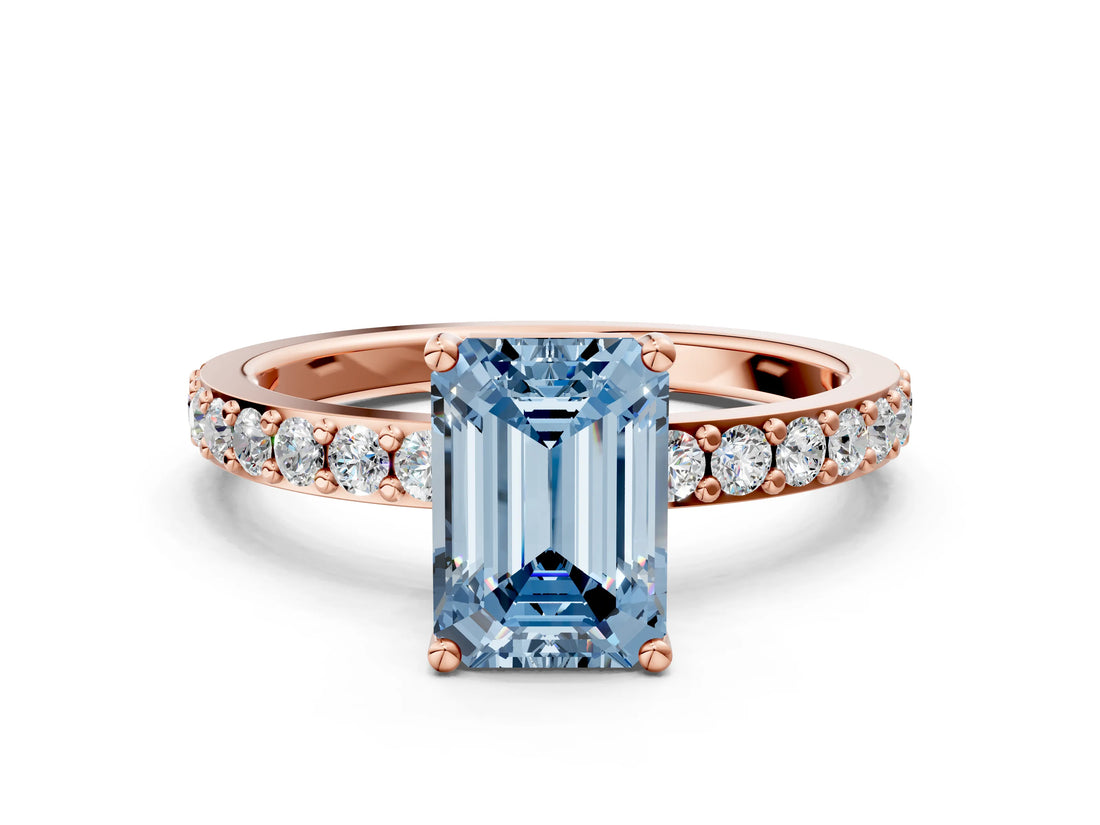 Rose gold Fancy Blue Emerald  Cut Diamond Solitaire with Pave Band and Four-Prong Setting