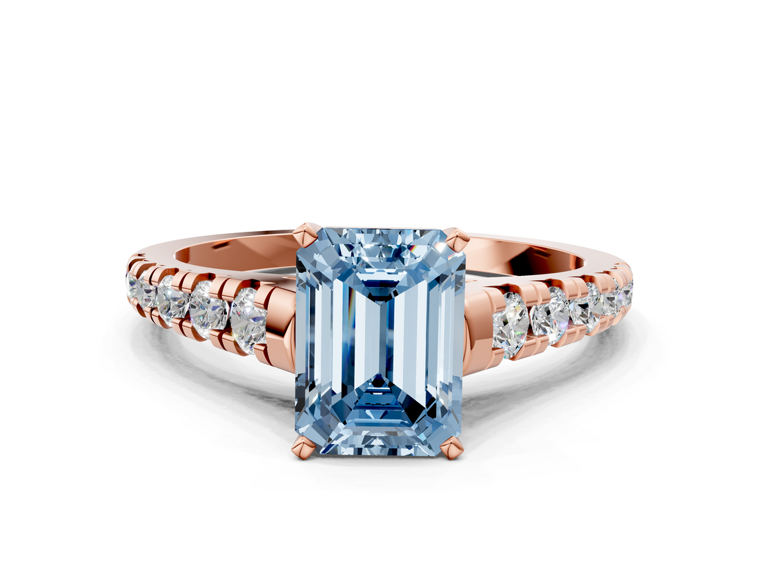 Rose gold Fancy Blue Emerald  Cut Diamond Solitaire with Pave Band and Four-Prong Setting_119