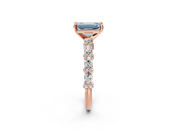 Rose Gold Emerald Cut Pear Side Stone Engagement Ring Setting for Fancy Blue Center
