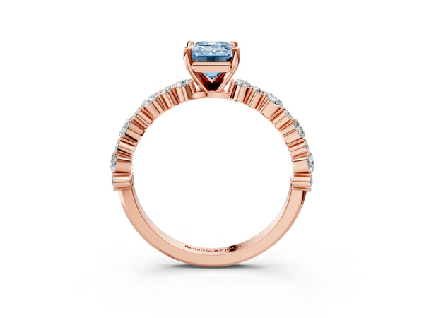 Rose Gold Emerald Cut Pear Side Stone Engagement Ring Setting for Fancy Blue Center