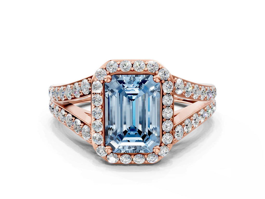 Rose gold Fancy Blue Emerald Cut Diamond Split Shank Halo Ring with Four-Prong Setting_58