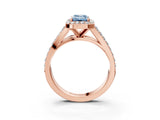 Rose gold Fancy Blue Emerald Cut Diamond Split Shank Halo Ring with Four-Prong Setting_61