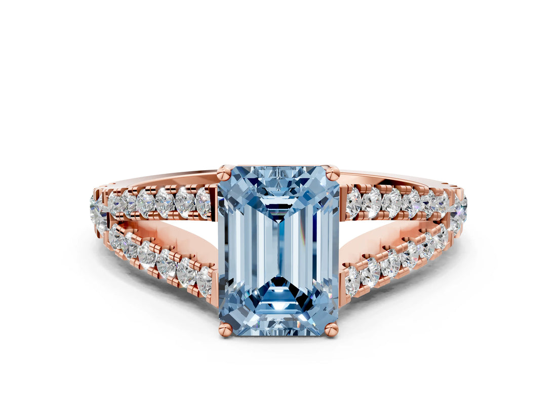 Rose gold Fancy Blue Emerald Cut Diamond Split Shank Pavé Engagement Ring with Four-Prong Setting_61
