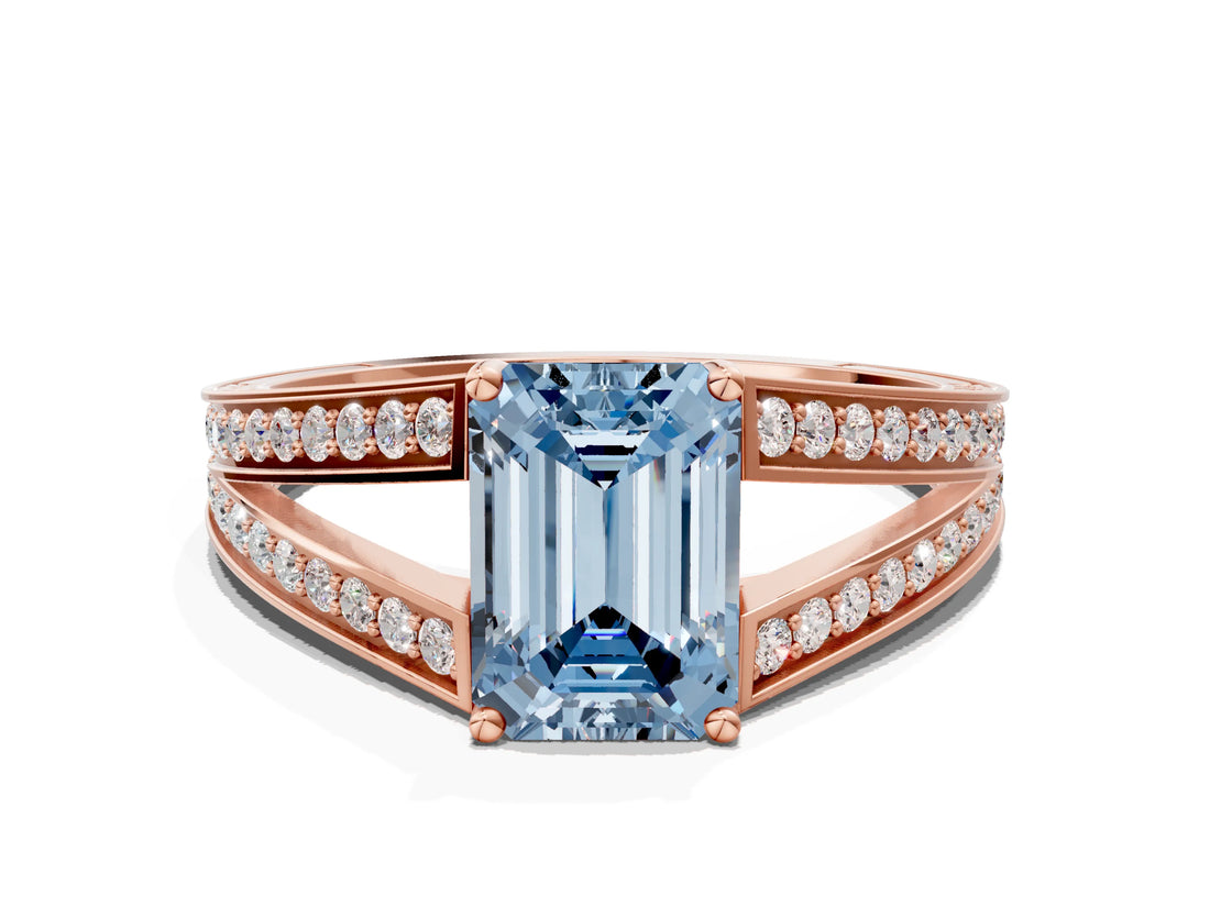 Rose gold Fancy Blue Emerald Cut Diamond Split Shank Ring with Pavé Band and Four-Prong Setting_44