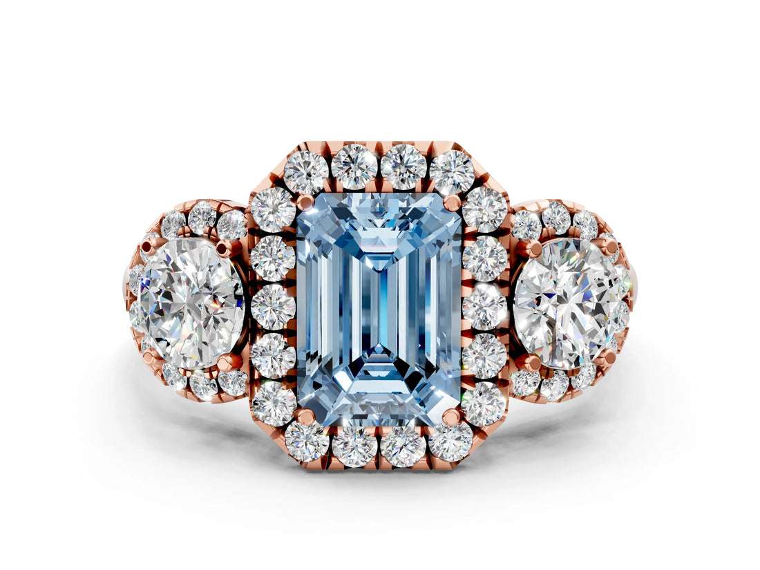 Rose gold Fancy Blue Emerald Cut Diamond Three-Stone Halo Ring with Prong Setting and Pavé Accents