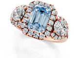 Rose gold Fancy Blue Emerald Cut Diamond Three-Stone Halo Ring with Prong Setting and Pavé Accents_1