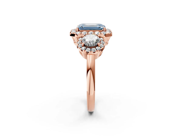 Rose Gold Emerald Cut Three Stone Halo Engagement Ring Setting for Fancy Blue Center