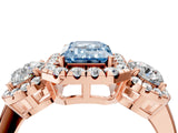 Rose gold Fancy Blue Emerald Cut Diamond Three-Stone Halo Ring with Prong Setting and Pavé Accents_4