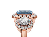 Rose gold Fancy Blue Emerald Cut Diamond Three-Stone Halo Ring with Prong Setting and Pavé Accents_5