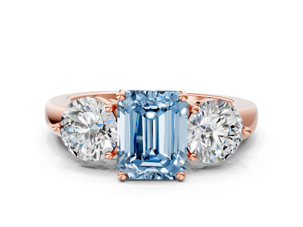 Rose gold Fancy Blue Emerald Cut Diamond Three-Stone Ring with Prong Setting and Classic Band