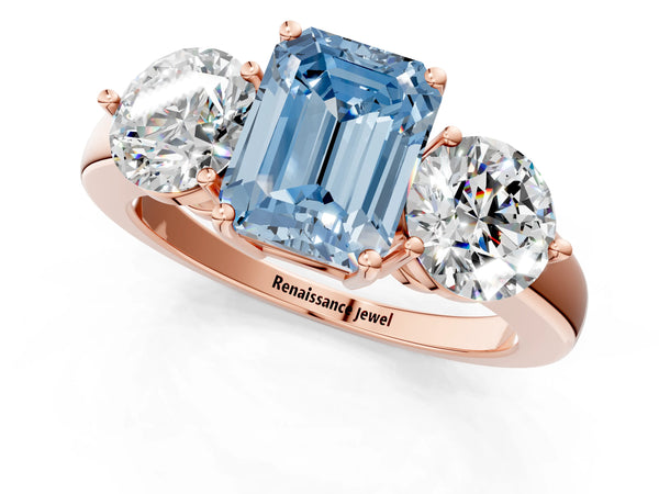 Rose gold Fancy Blue Emerald Cut Diamond Three-Stone Ring with Prong Setting and Classic Band