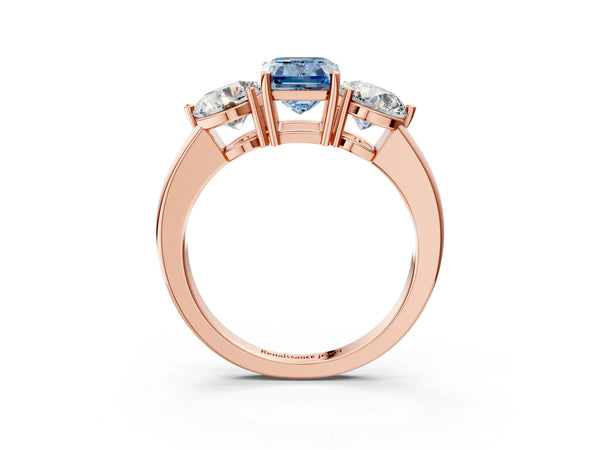 Rose gold Fancy Blue Emerald Cut Diamond Three-Stone Ring with Prong Setting and Classic Band