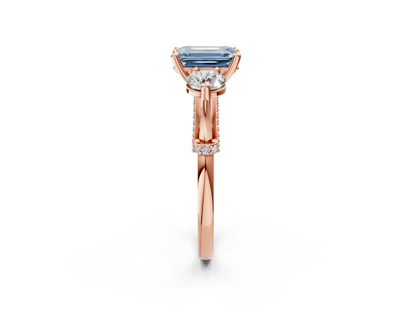 Rose Gold Emerald Cut Curved Pave Three Stone Engagement Ring Setting for Fancy Blue Center