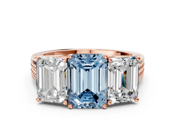 Rose gold Fancy Blue Emerald Cut Diamond Three-Stone Ring with Prong Setting and Textured Band