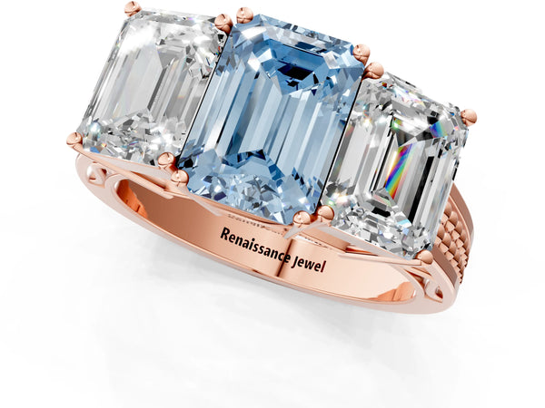 Rose gold Fancy Blue Emerald Cut Diamond Three-Stone Ring with Prong Setting and Textured Band