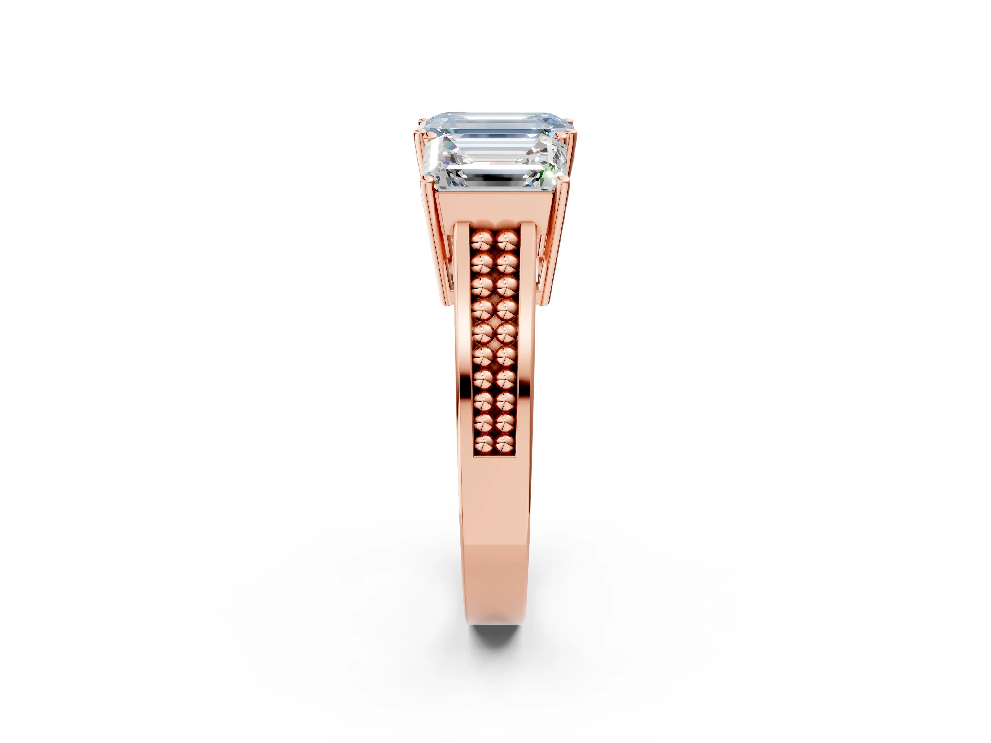 Rose gold Fancy Blue Emerald Cut Diamond Three-Stone Ring with Prong Setting and Textured Band_2