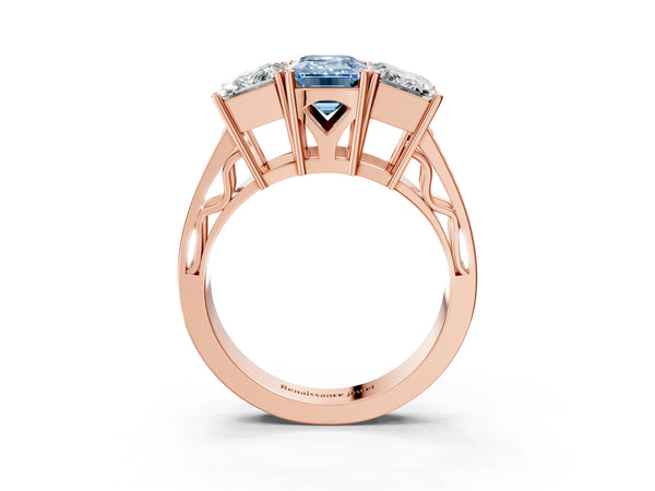 Rose gold Fancy Blue Emerald Cut Diamond Three-Stone Ring with Prong Setting and Textured Band