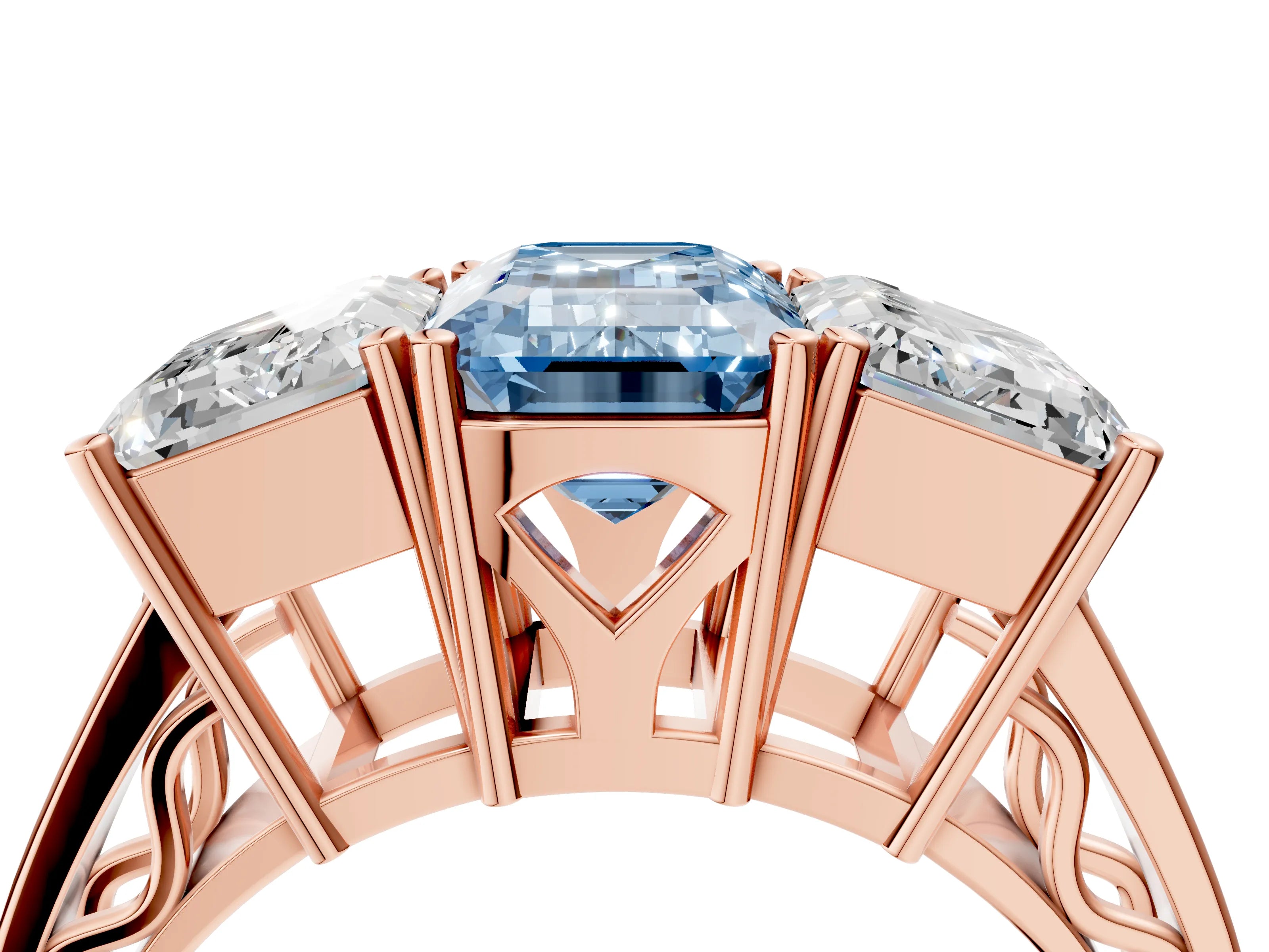 Rose gold Fancy Blue Emerald Cut Diamond Three-Stone Ring with Prong Setting and Textured Band_4