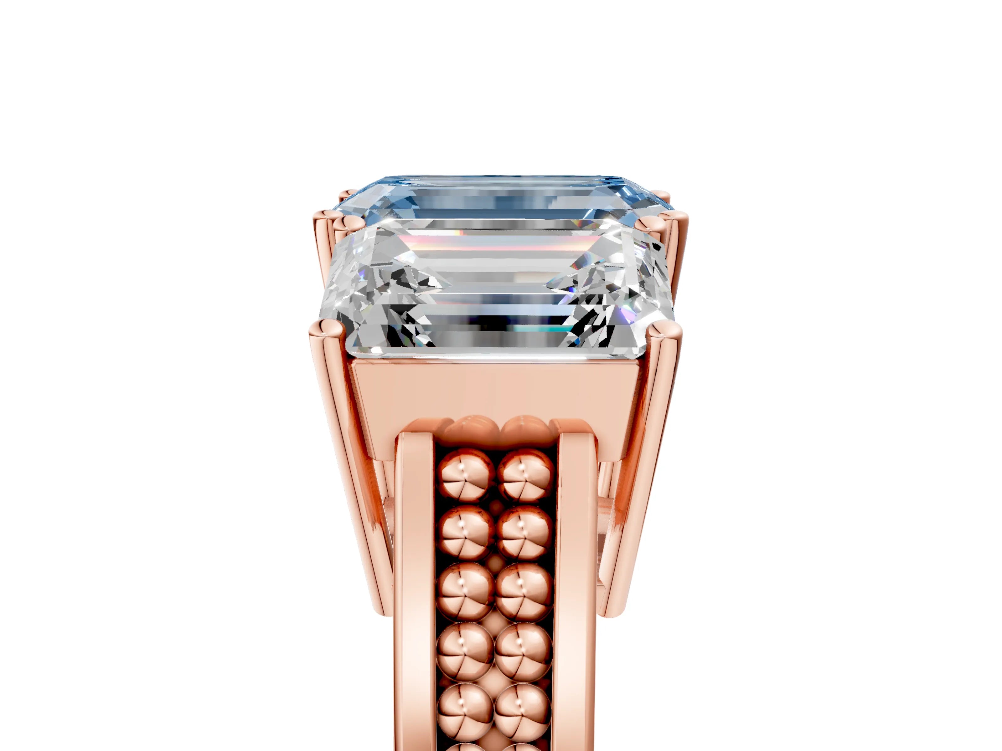 Rose gold Fancy Blue Emerald Cut Diamond Three-Stone Ring with Prong Setting and Textured Band_5