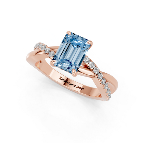 Rose gold Fancy Blue Emerald  Cut Diamond Twist Band Solitaire with Prong Setting_3