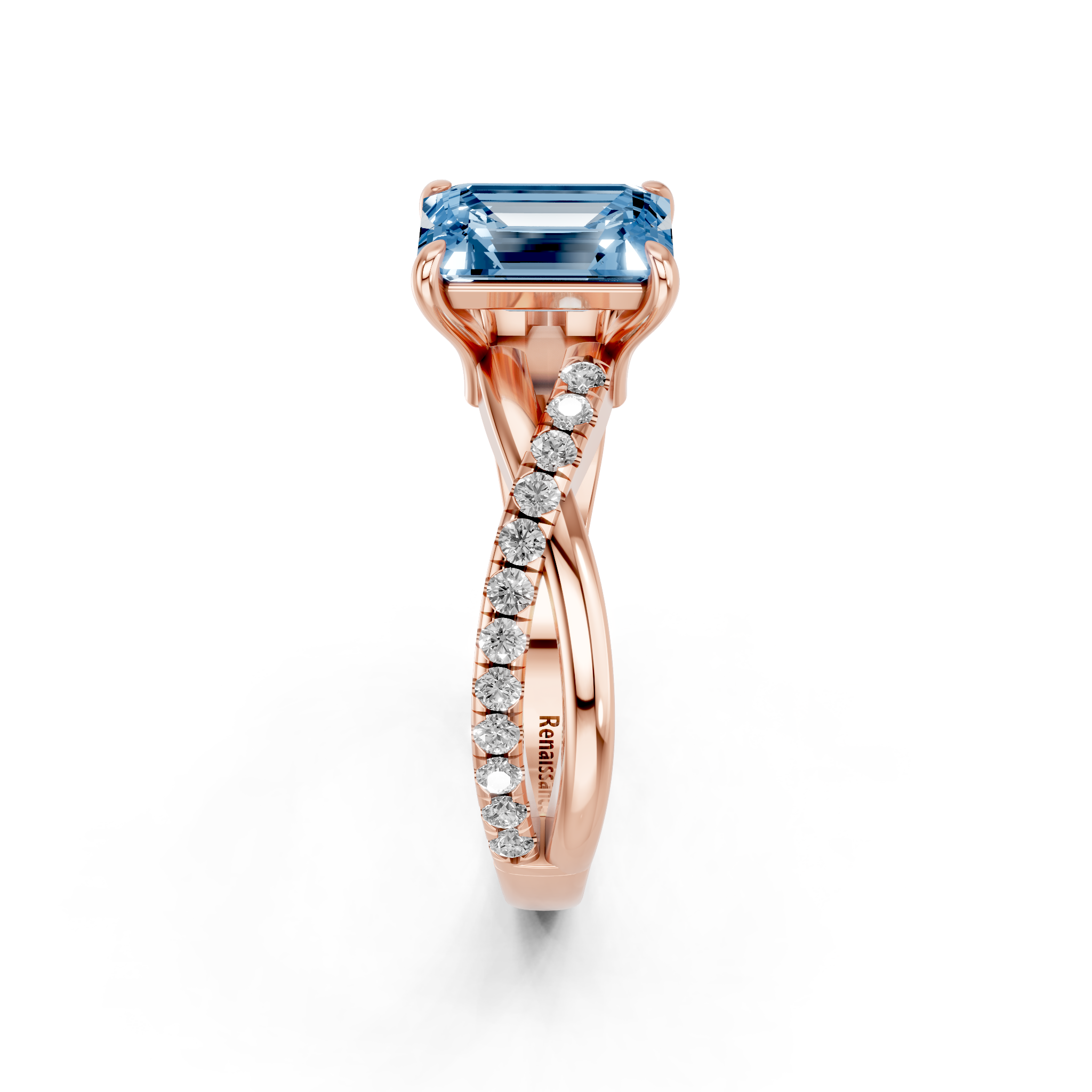 Rose gold Fancy Blue Emerald  Cut Diamond Twist Band Solitaire with Prong Setting_4