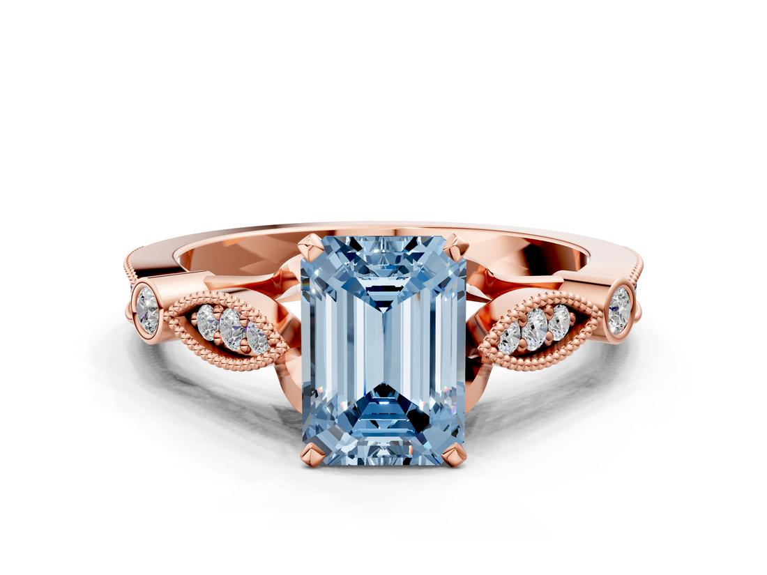 Rose gold Fancy Blue Emerald  Cut Diamond with Milgrain Marquise and Bezel Accents on a Solitaire Band with Prong Setting_177