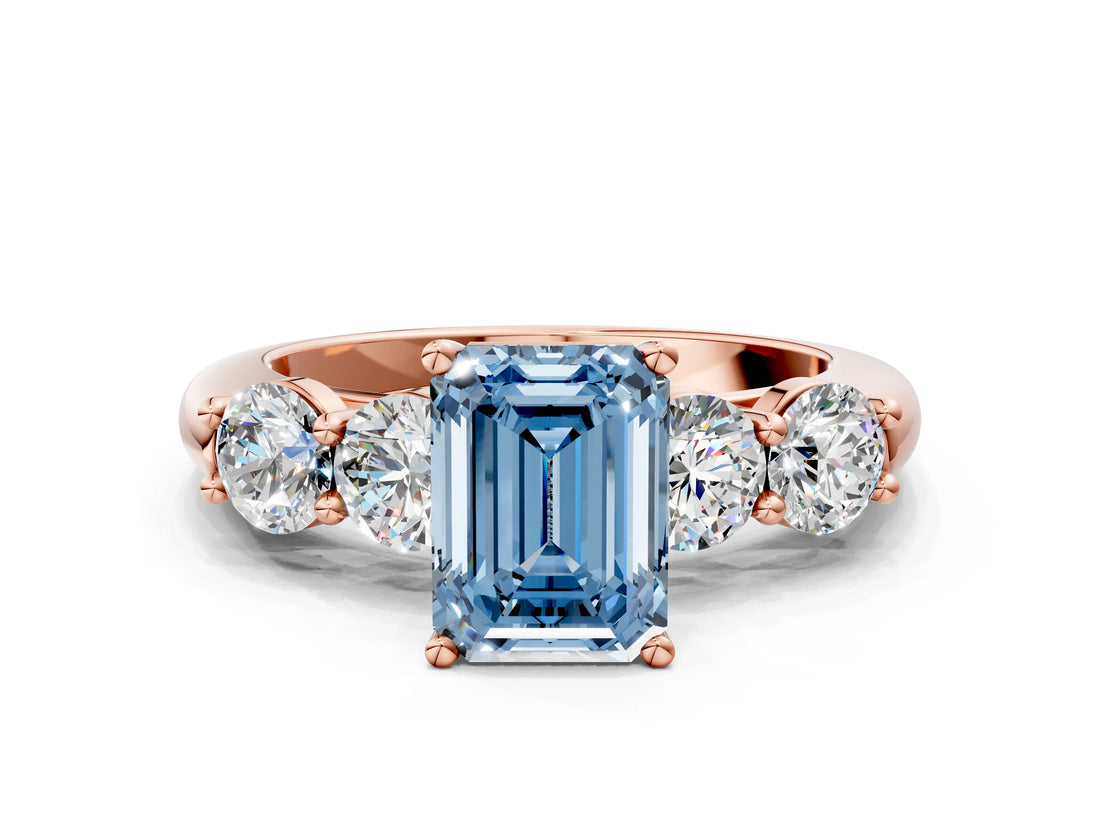 Rose gold Fancy Blue Emerald  Cut Five-Stone Prong Set Diamond Ring with Classic Band_31