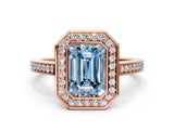 Rose gold Fancy Blue Emerald Cut Halo Bezel Diamond Pave Band Ring