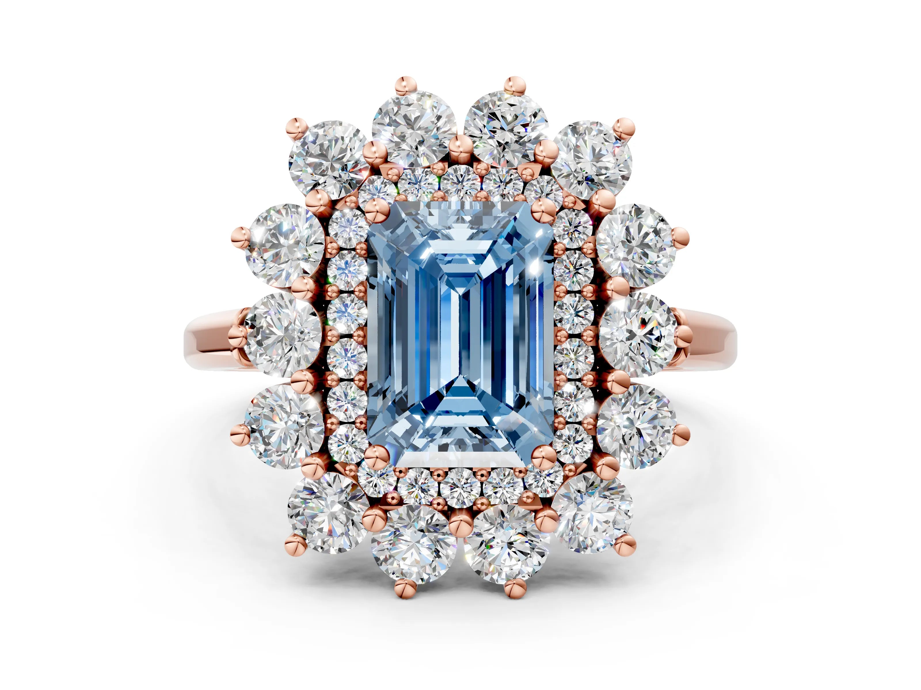 Rose gold Fancy Blue Emerald Cut Halo Cluster Diamond Ring with Pave Band and Four-Prong Setting