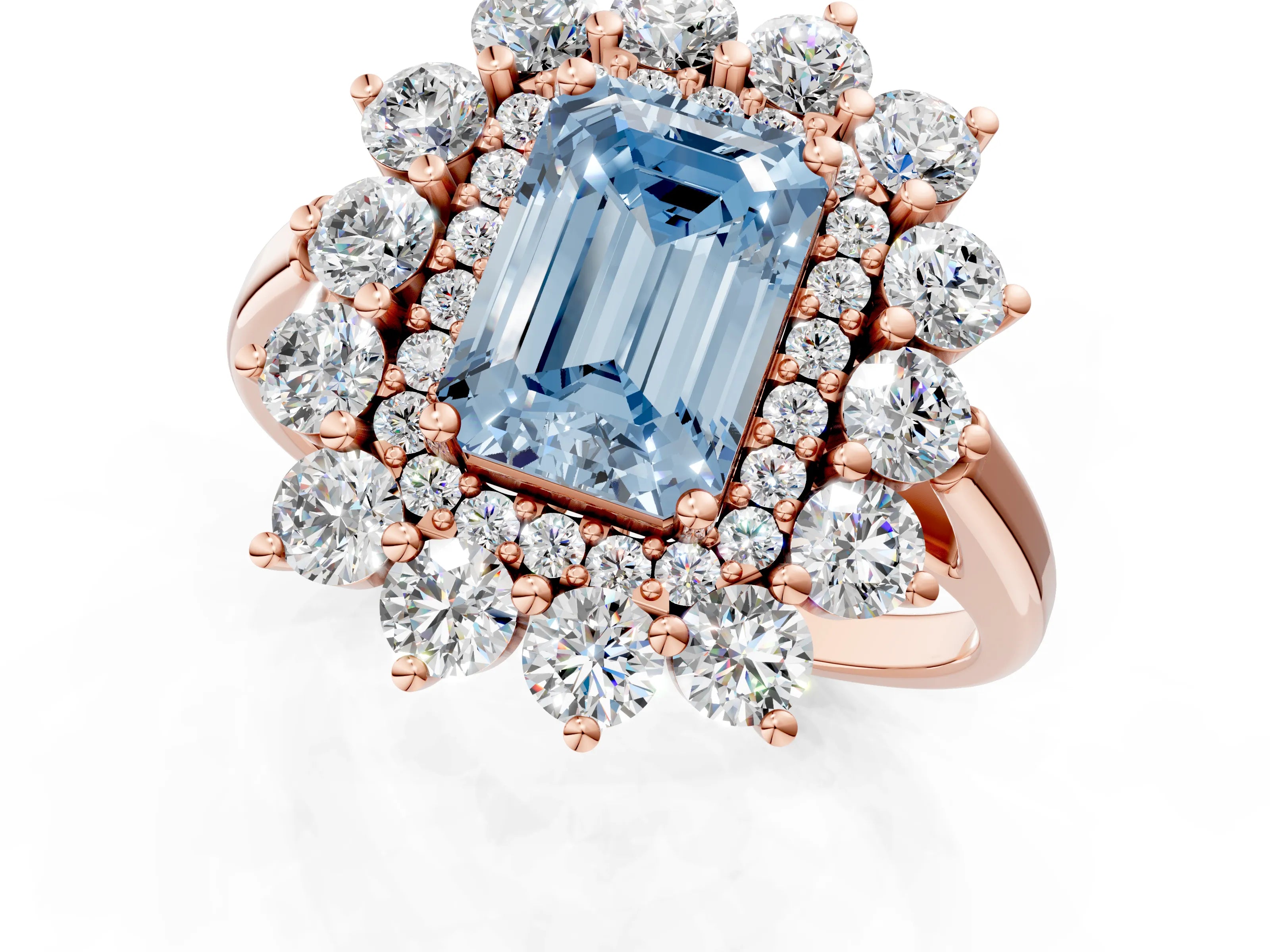 Rose gold Fancy Blue Emerald Cut Halo Cluster Diamond Ring with Pave Band and Four-Prong Setting_1