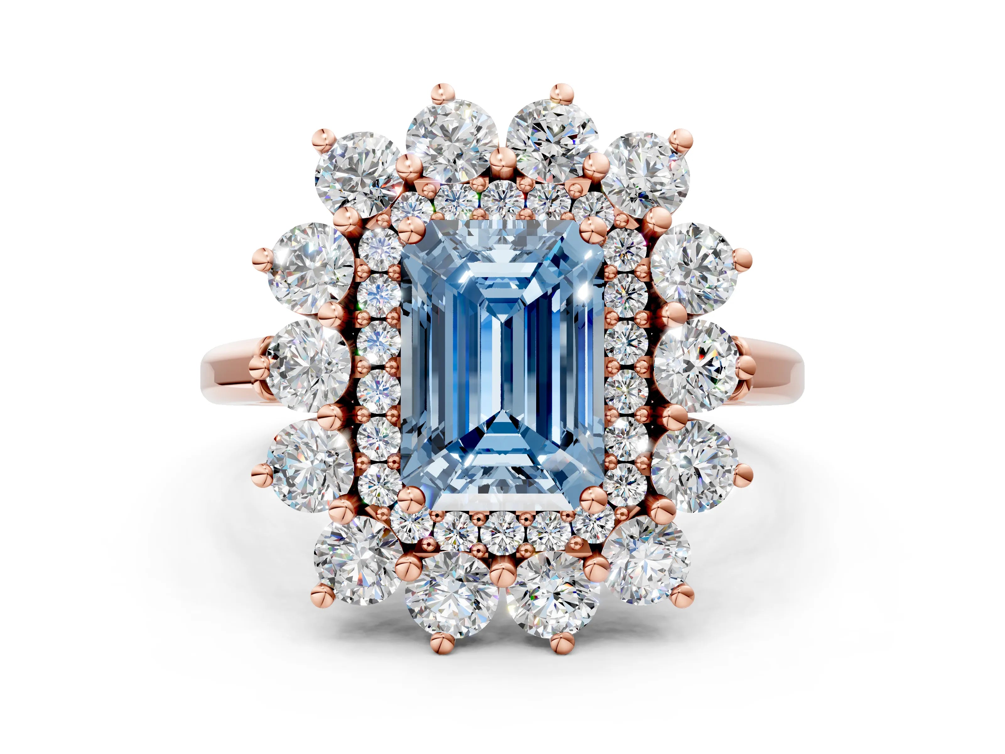 Rose gold Fancy Blue Emerald Cut Halo Cluster Diamond Ring with Pave Band and Four-Prong Setting_12