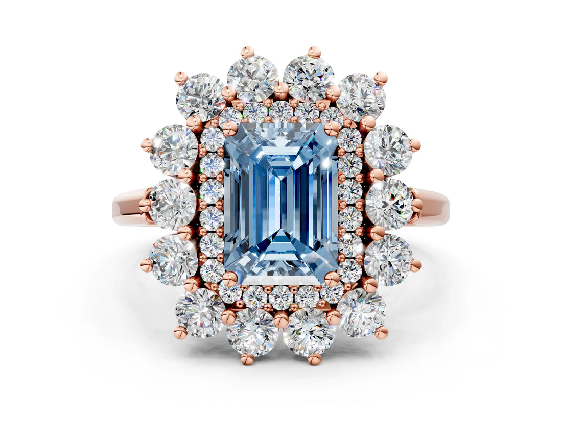 Rose gold Fancy Blue Emerald Cut Halo Cluster Diamond Ring with Pave Band and Four-Prong Setting_12
