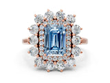 Rose gold Fancy Blue Emerald Cut Halo Cluster Diamond Ring with Pave Band and Four-Prong Setting_12