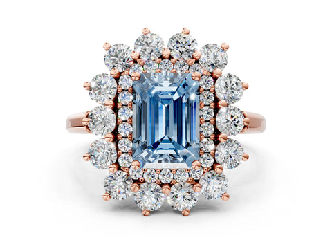 Rose gold Fancy Blue Emerald Cut Halo Cluster Diamond Ring with Pave Band and Four-Prong Setting_12