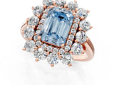 Rose gold Fancy Blue Emerald Cut Halo Cluster Diamond Ring with Pave Band and Four-Prong Setting_13