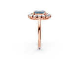 Rose gold Fancy Blue Emerald Cut Halo Cluster Diamond Ring with Pave Band and Four-Prong Setting_14