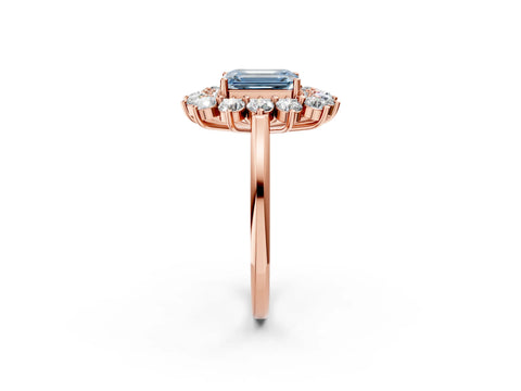 Rose gold Fancy Blue Emerald Cut Halo Cluster Diamond Ring with Pave Band and Four-Prong Setting_14