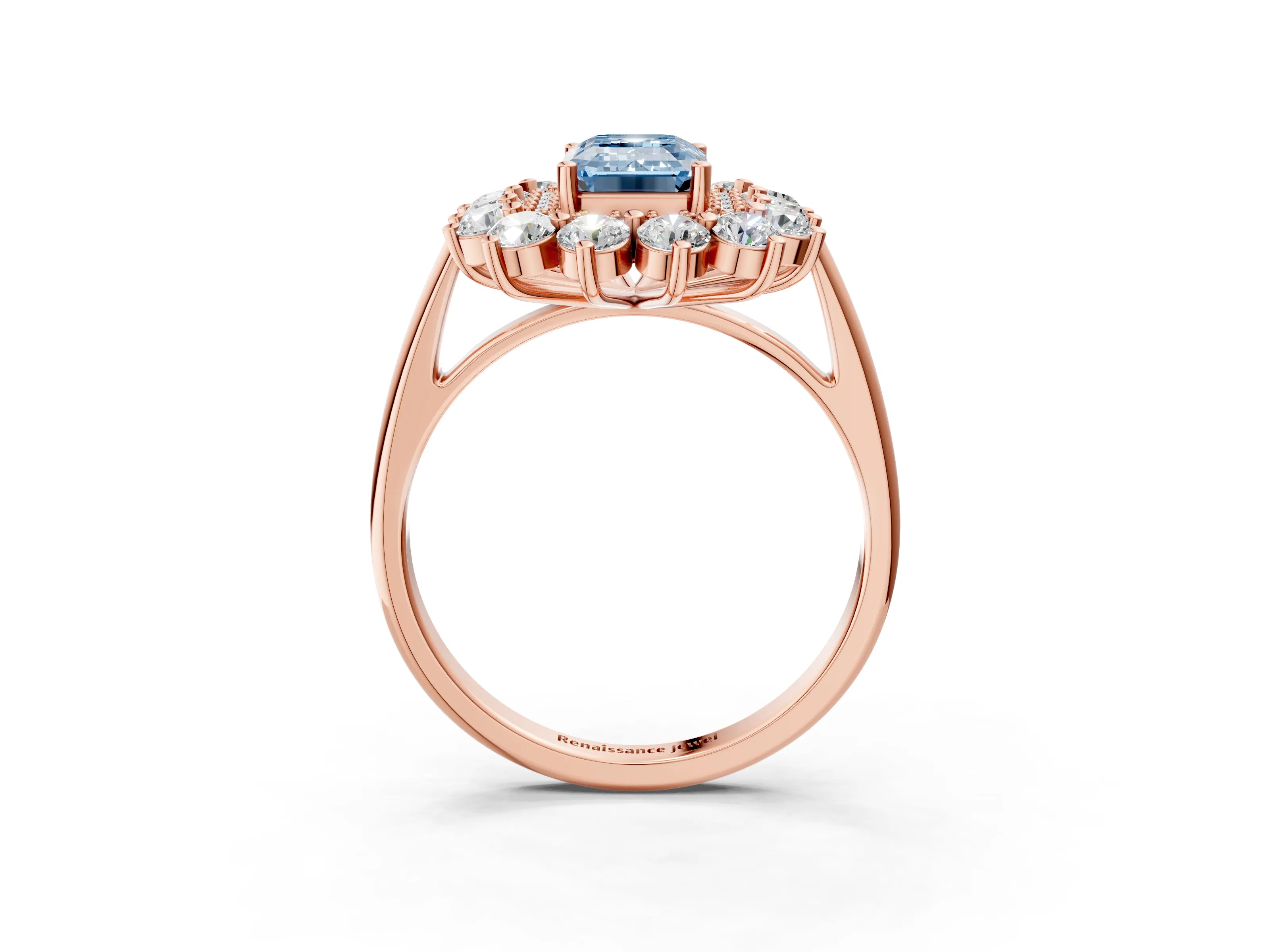 Rose gold Fancy Blue Emerald Cut Halo Cluster Diamond Ring with Pave Band and Four-Prong Setting_15